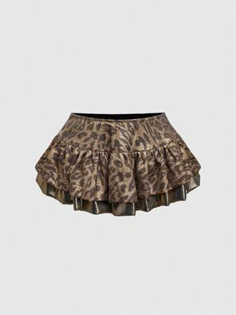 Grunge Punk Jupe mini ultra taille basse pour femmes avec patchwork imprimé léopard et enduit métallique de style Y2K