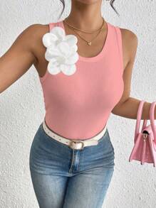 Chiquease Women 3D Floral Decor Round Neck Fitted Camisole - Pink - View 1