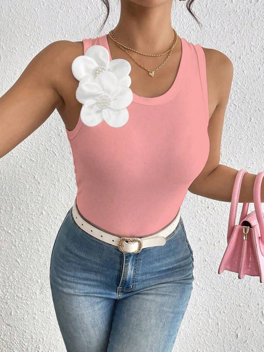 Chiquease Women 3D Floral Decor Round Neck Fitted Camisole - Pink - View 1