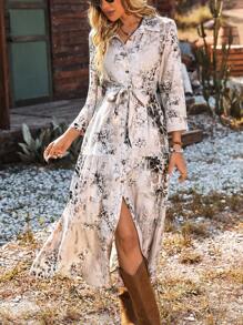 SHEIN LUNE Casual & Vacation Linen-Like Printed Dress - Apricot - View 5