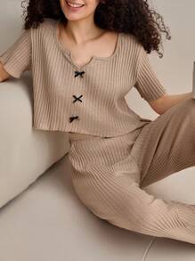 RueChic 2pcs Cotton Contrast Colour Ribbon&Bow Detail Shirt Sleeve Top And Lounge Bottom Homewear Set - Beige - View 5