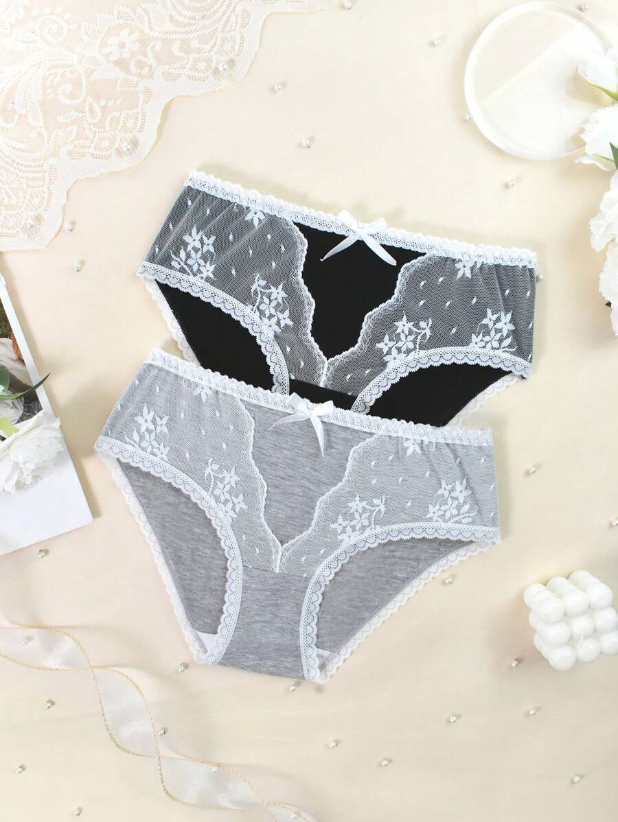 2pcs Set Tween Girls Simple & Fashionable Black/White Lace Trim Comfortable Briefs Set Girl Underwear - Black - View 1