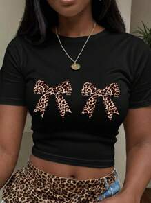 Slaydiva Casual Simple Leopard Print Bow Decor Round Neck Short Sleeve Cropped Tight Fitting Plus Size Women T-Shirt Top, Summer