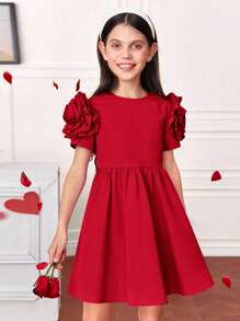 SHEIN Tween Girl Solid Color Rose Flower Ruffle Hem Zipper Short Sleeve Dress