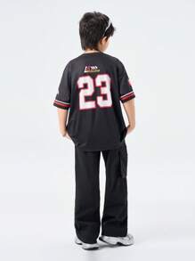SHEIN Teenager Spring/Summer Round Neck Short Sleeve Casual Jersey Boys Casual Stylish Hiphop Streetwear City Name, Number 23, Star, Fashion Slogan, Shield Logo Printed Short Sleeve Crew Neck T-Shirt, Suitable For Summer
