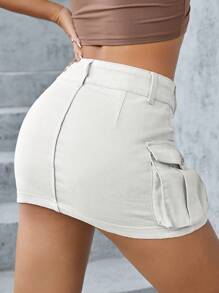 Rivivi Women's Casual Denim Utility Pocket Low-Waist Super Short Skirt - White - View 2