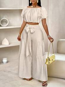SOLERSUN Summer Beach Vacation Style One-Shoulder Puff-Sleeved Ruffled Strapless Crop Top & Wide Leg Pants Set For Summer - White - View 3