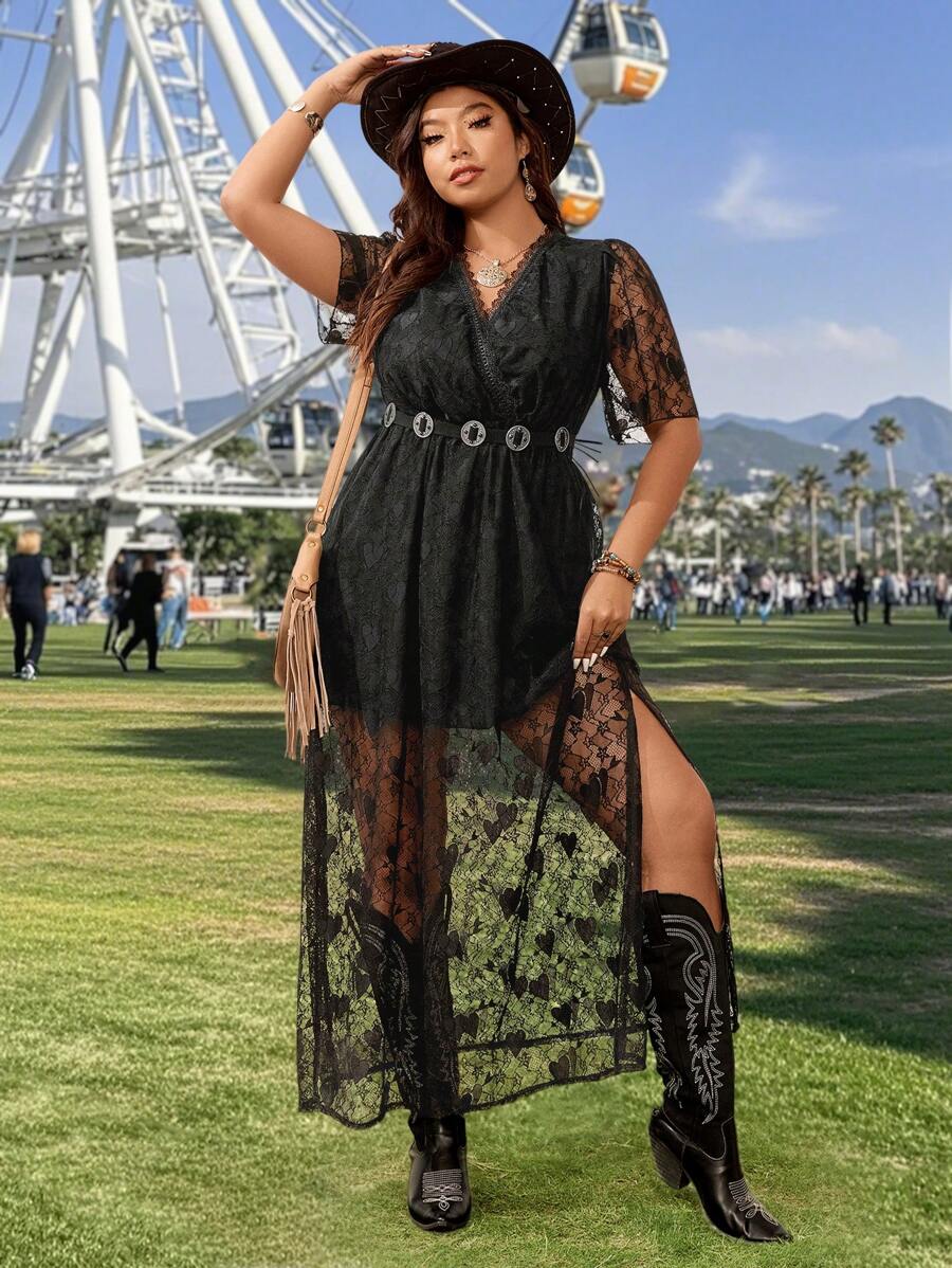 SHEIN VCAY Plus Size Romantic Beach Island Floral V-Neck Lace Short Sleeve Side Slit Dress, Ideal For Music Festivals, Weddings Easter Outfit,Concert Outfit Women, Nashville Outfits,Ibiza Outfits Western Wear Women, Boho Chic,Bohemian,Cowgirl Outfits,Cottagecore - Black - View 1