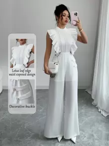 Elenzga Women's Solid Color Ruffle Trim Button Decor Elegant Mid-Calf Jumpsuit, Summer - White - View 1