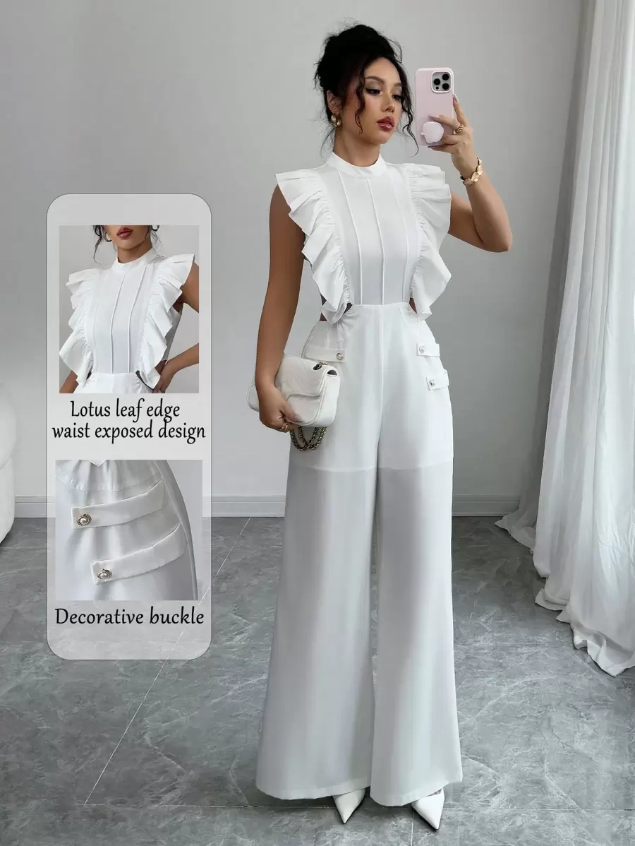 Elenzga Women's Solid Color Ruffle Trim Button Decor Elegant Mid-Calf Jumpsuit, Summer - White - View 1
