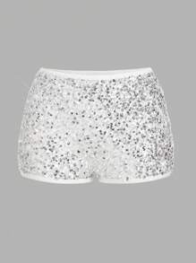 SHEIN EZwear Quần short mini cạp thấp đính sequin thời trang dành cho nữ dự tiệc - màu đen - Xem 1