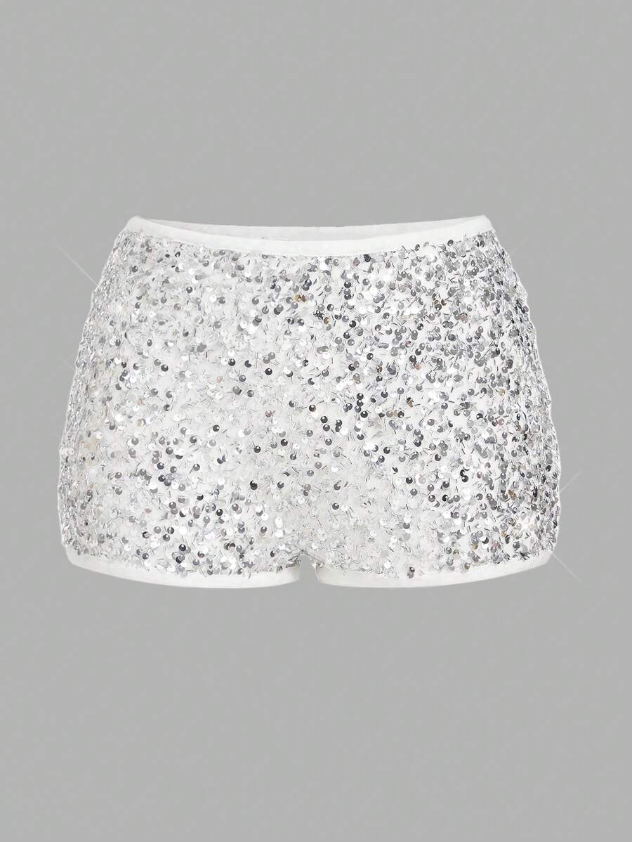 SHEIN EZwear Quần short mini cạp thấp đính sequin thời trang dành cho nữ dự tiệc - màu đen - Xem 1