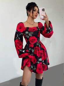 Chiquease Vestido corto con diseño de pecho fruncido con estampado de flor de rosa, mangas abullonadas, diseño de cintura fruncida, elegante y casual, adecuado para fiestas, vacaciones, cumpleaños, reuniones, estilo , primavera/verano - Rojo y negro - Ver 1