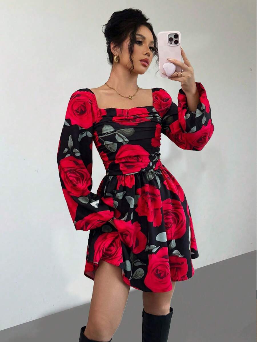 Chiquease Vestido corto con diseño de pecho fruncido con estampado de flor de rosa, mangas abullonadas, diseño de cintura fruncida, elegante y casual, adecuado para fiestas, vacaciones, cumpleaños, reuniones, estilo , primavera/verano - Rojo y negro - Ver 1