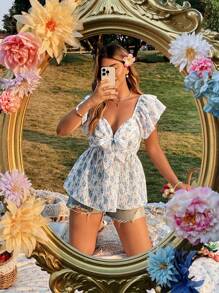 Flirla 大码女式清新 V 领盖袖蝴蝶结腰部碎花衬衫 - 藍色 - 查看 3