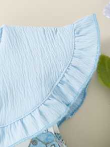 SHEIN Girls' Summer New Arrival Print Bow Solid Color Collar Back Opening Loose Casual Cute Blouse