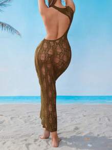 SHEIN Swim 女士性感镂空修身针织连衣裙/罩衫，适合音乐节穿着 - 棕色 - 查看 2
