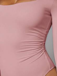Silquee 女士方领长袖褶皱休闲紧身衣 - 藕粉色 - 查看 7