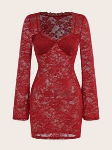 SHEIN EZwear 女士花朵蕾丝甜心领长袖性感中长连衣裙 - 酒紅色 - 查看 5