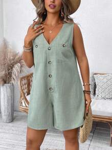 Linhara Plus Size Women Solid Color Button Pocket Jumpsuit