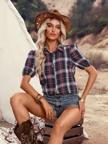 LanaWest Camisa a cuadros de manga abullonada informal para festival de música country de mujeres