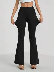 SHEIN Tall Women's Versatile Zipper Waist High Neck Slim Fit Bootleg Leggings, Black - Black - View 6