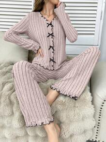 Soft Textured Knit Colorblock Ruffle Trim Bow Decor Women Pajama Set , Fall Winter Clothes