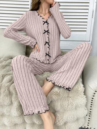 Soft Textured Knit Colorblock Ruffle Trim Bow Decor Women Pajama Set , Fall Winter Clothes
