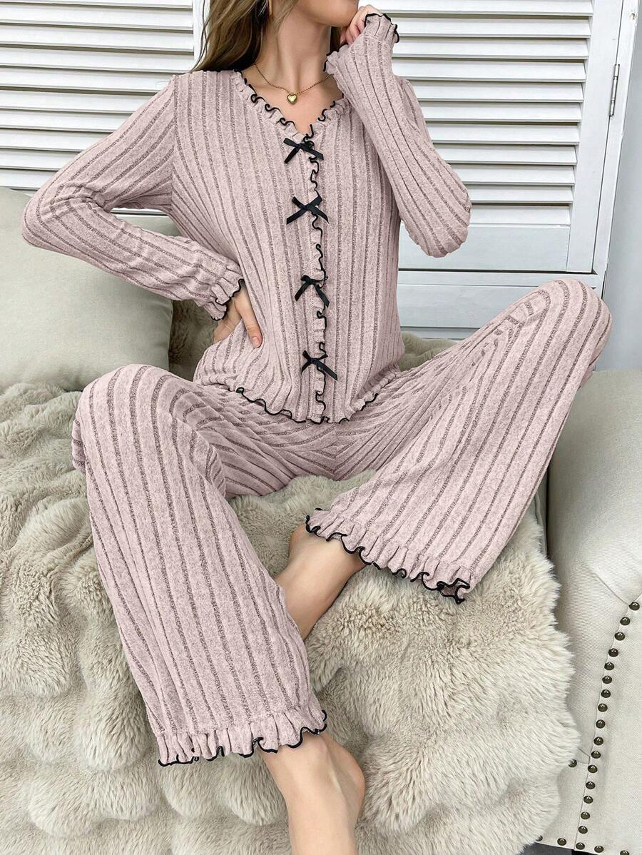 Soft Textured Knit Colorblock Ruffle Trim Bow Decor Women Pajama Set , Fall Winter Clothes