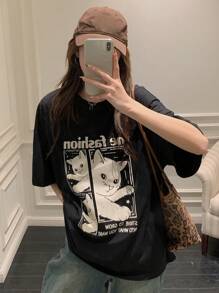 DAZY 女士休闲宽松猫咪和字母印花 T 恤可爱上衣、图案 T 恤、教师服装