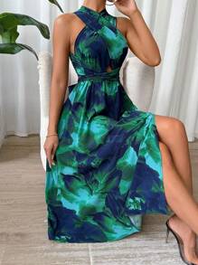 SHEIN Clasi Plus Size Women's Summer Backless Halter Split Dress, Vacation Resort Style - Dark Green - View 6