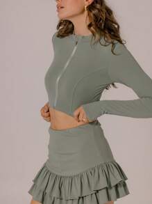 Aralina Minimalist Solid Color Front Zipper Fitted Cropped Athletic Jacket - Olive Green - View 10