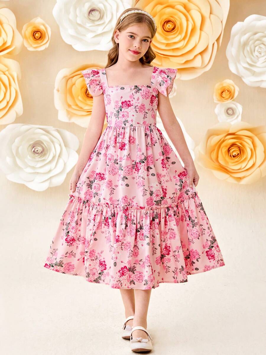 SHEIN Vestido con estampado floral, mangas cortas y escote en V para niña preadolescente, estilo de vacaciones - Rosa - Ver 1