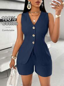 SOLERSUN Solid Button Front Vest Blazer & Shorts - Navy Blue - View 1