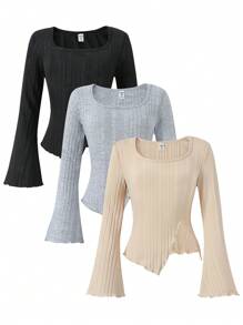 Tween Girls Asymmetrical Hem Long Sleeve T-Shirt In White, Gray And Black - Multicolor - View 1