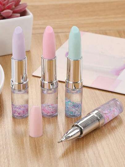 4点セット 学用品 オフィス用品 バレンタインデーのガールフレンド向けギフト、リップスティック型中性ペン 学生用、爽やかなサンドピンクのボールペン、フェルトペン、クリエイティブ文房具リップスティック型ペン 魅力的な学生用ウォーターペン 淡いフラッシュピグメントサインペン ガールズ リップシェイプペン 0.5mmブラックジェルペン 女子の学校再開