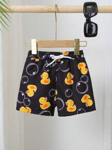 Baby Boy Swimwear Beach Shorts, Drawstring Waist Little Duck Pattern Swim Trunks - Black - View 4