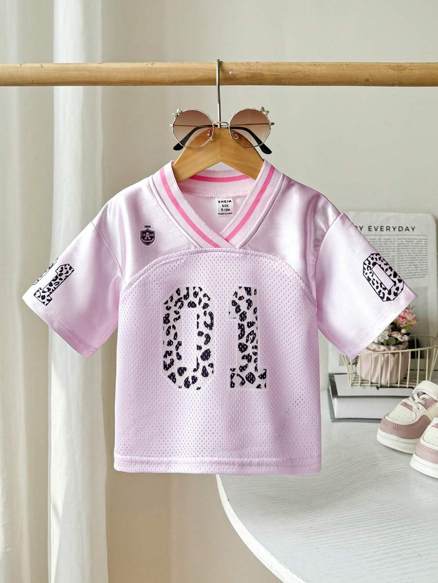Baby Mädchen Kleinkind Coolane Leoparden Muster Nummer Grafik Lässig Sport Street Style Jersey T-Shirt in Pink