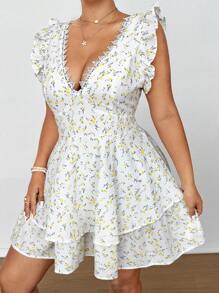 Flirla Plus Size Women's Ditsy Floral Ruffle Hem Short Dress, Vacation Style - White - View 6