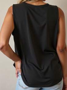 INAWLY 休闲拼色猫咪印花夏季背心 - 黑與白 - 查看 2