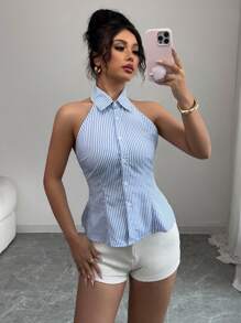 Elenzga Boho Style Backless Tie-Knot Blue & White Stripe Crop Top, Suitable For Music Festival In Spring/Summer - Blue - View 4
