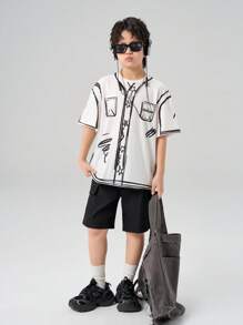 SHEIN Teenager Spring/Summer Casual Colorblock Printed T-Shirt Boys' Creative Funny Casual Simple Short-Sleeved Round Neck T-Shirt, Suitable For Summer - White - View 4