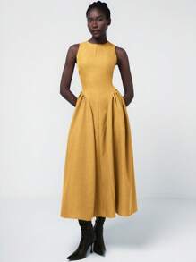 Aveloria Modichic Robe élégante française simple et polyvalente pour femmes avec taille élastique froncée, fentes et doubles poches