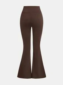 SHEIN Pantalones de yoga con campana para niñas preadolescentes, de cintura alta, ajuste ceñido, elásticos, casuales y versátiles con bolsillo parche