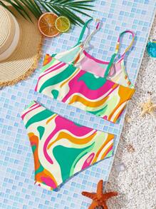 SHEIN Leap Crew Young Girls Minimalist Fitted Camisole & Triangle Bikini Swimwear Set, Casual For Summer - Multicolor - View 2