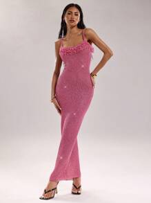 SHEIN BAE Sexy Damen Glitzer Fransen Ausschnitt-Ausschnitt lang anliegendes Bodycon Strickkleid
