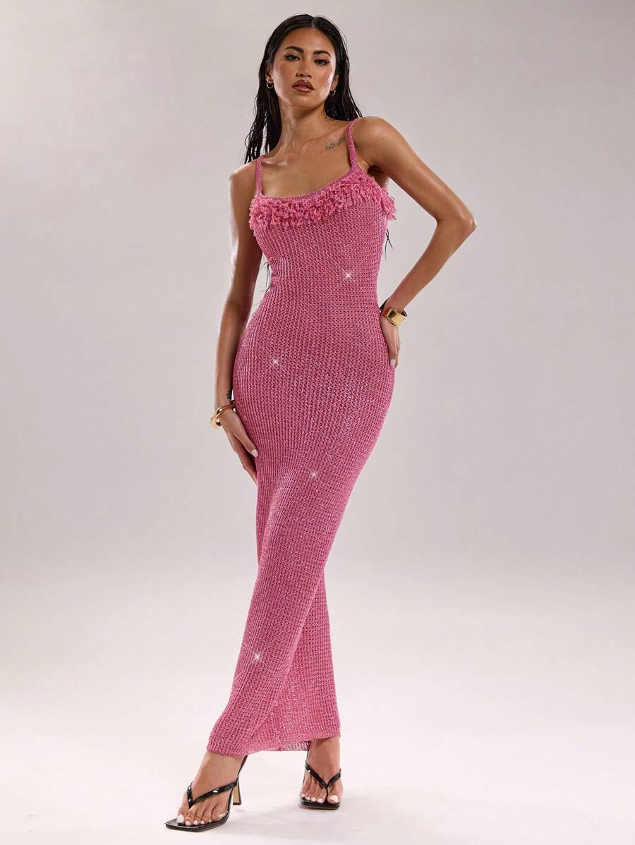 SHEIN BAE Sexy Damen Glitzer Fransen Ausschnitt-Ausschnitt lang anliegendes Bodycon Strickkleid