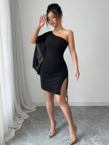 SHEIN Elenzya 女式抽绳腰侧开衩透明袖紧身连衣裙，弹性面料，合身廓形，适合节日、音乐节、春夏季 - 紅色 - 查看 6