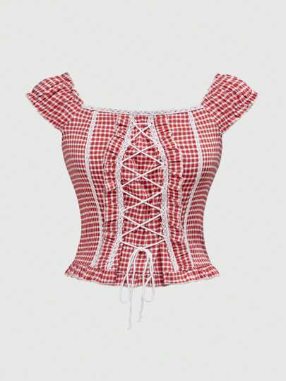 Kawaii Chemise tunique à lacets à carreaux pour femmes grandes tailles, été