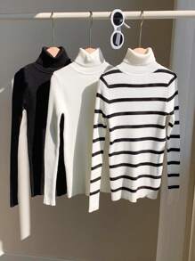 SHEIN Comfortcana Áo len dệt kim cổ tròn tay dài 3 món cho nữ, mặc thường ngày vào mùa thu/đông - Đen và trắng - Xem 6